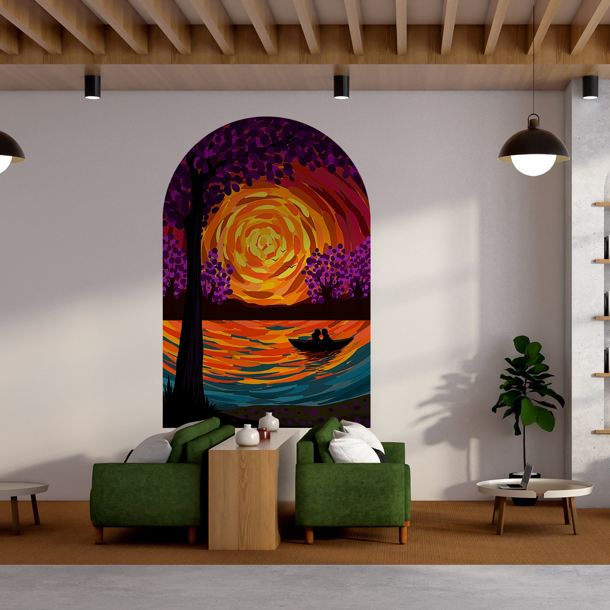 Artistic arch wall decal featuring a vibrant sunset over a lake with a silhouette boat and purple trees in a modern living room