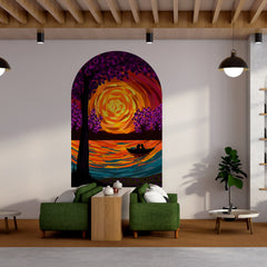 Artistic arch wall decal featuring a vibrant sunset over a lake with a silhouette boat and purple trees in a modern living room