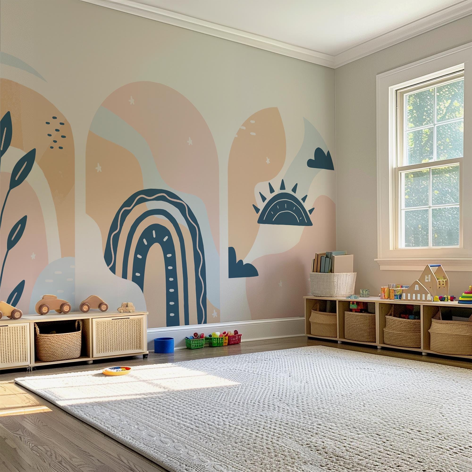 Pastel Boho Arch Wall Decal Set – Rainbow, Sun and Botanical Wallpaper Trio