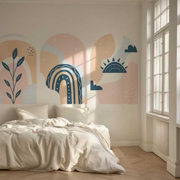 Pastel Boho Arch Wall Decal Set – Rainbow, Sun and Botanical Wallpaper Trio