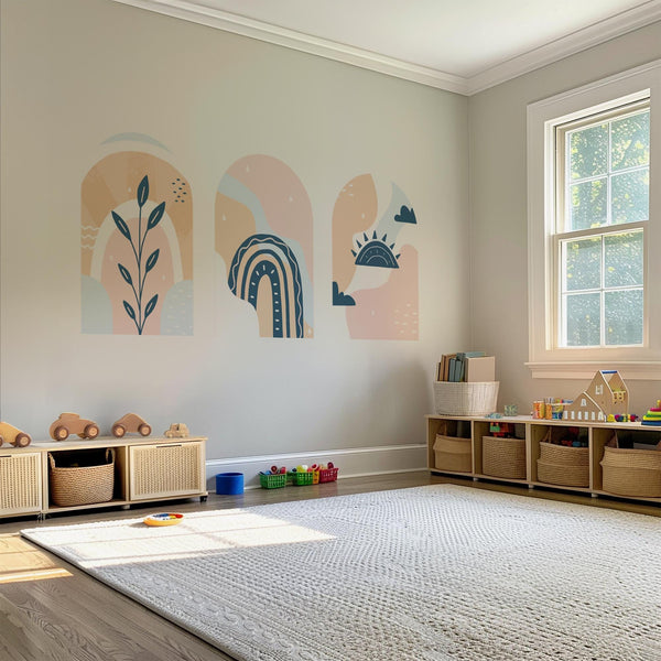 Pastel Boho Arch Wall Decal Set – Rainbow, Sun and Botanical Wallpaper Trio