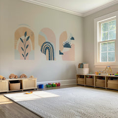 Pastel Boho Arch Wall Decal Set – Rainbow, Sun and Botanical Wallpaper Trio