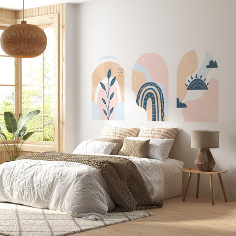 Pastel Boho Arch Wall Decal Set – Rainbow, Sun and Botanical Wallpaper Trio