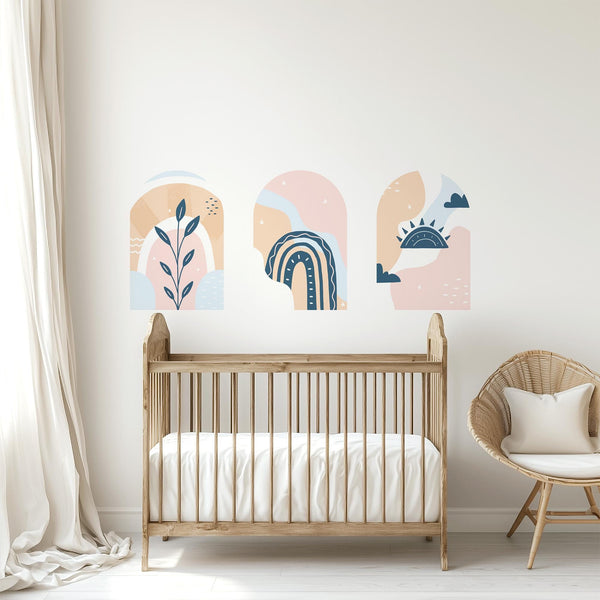 Pastel Boho Arch Wall Decal Set – Rainbow, Sun and Botanical Wallpaper Trio