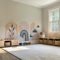 Pastel Boho Arch Wall Decal Set – Rainbow, Sun and Botanical Wallpaper Trio