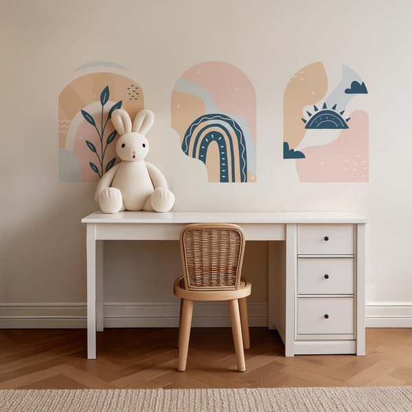 Pastel Boho Arch Wall Decal Set – Rainbow, Sun and Botanical Wallpaper Trio