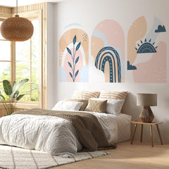 Pastel Boho Arch Wall Decal Set – Rainbow, Sun and Botanical Wallpaper Trio