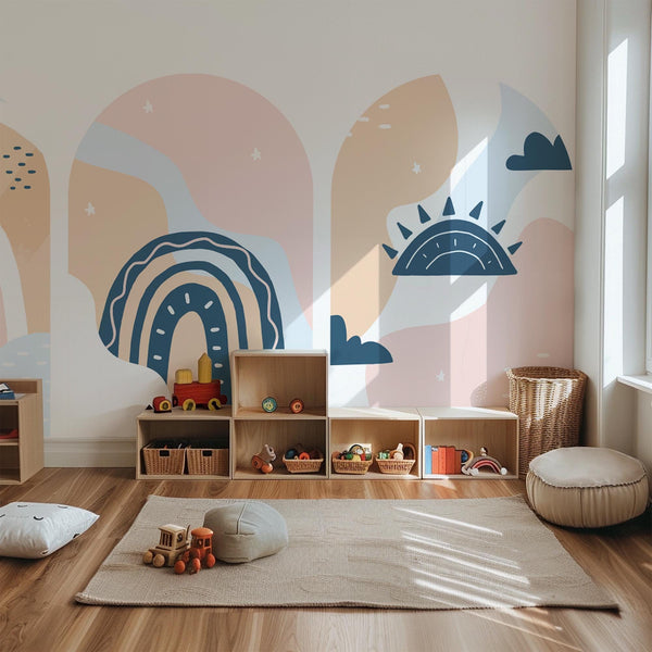 Pastel Boho Arch Wall Decal Set – Rainbow, Sun and Botanical Wallpaper Trio