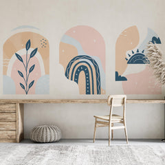 Pastel Boho Arch Wall Decal Set – Rainbow, Sun and Botanical Wallpaper Trio