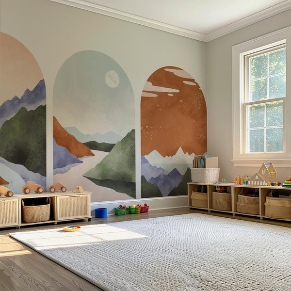 Pastel Mountain Arch Wall Decal Set – Soft Landscape & Sunset Horizon Mural Trio