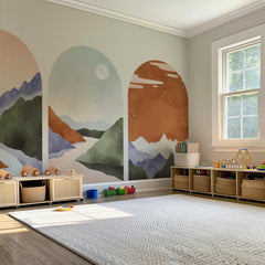 Pastel Mountain Arch Wall Decal Set – Soft Landscape & Sunset Horizon Mural Trio