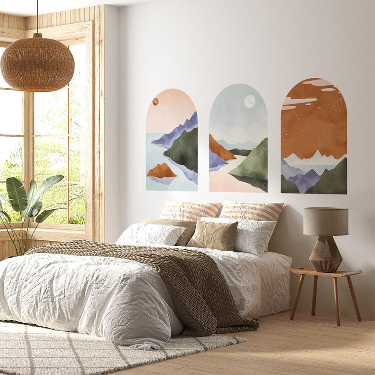 Pastel Mountain Arch Wall Decal Set – Soft Landscape & Sunset Horizon Mural Trio