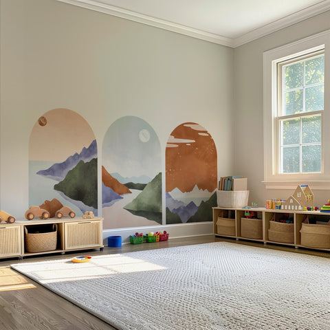 Pastel Mountain Arch Wall Decal Set – Soft Landscape & Sunset Horizon Mural Trio
