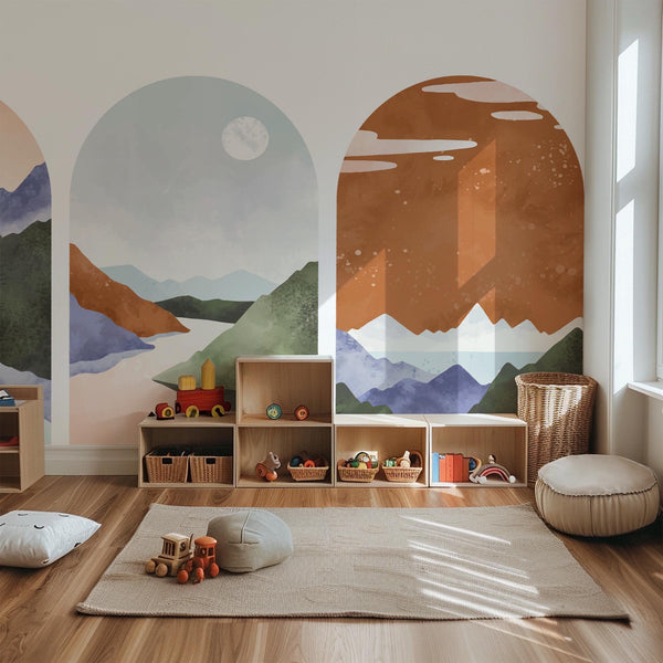 Pastel Mountain Arch Wall Decal Set – Soft Landscape & Sunset Horizon Mural Trio