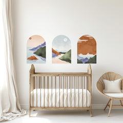 Pastel Mountain Arch Wall Decal Set – Soft Landscape & Sunset Horizon Mural Trio