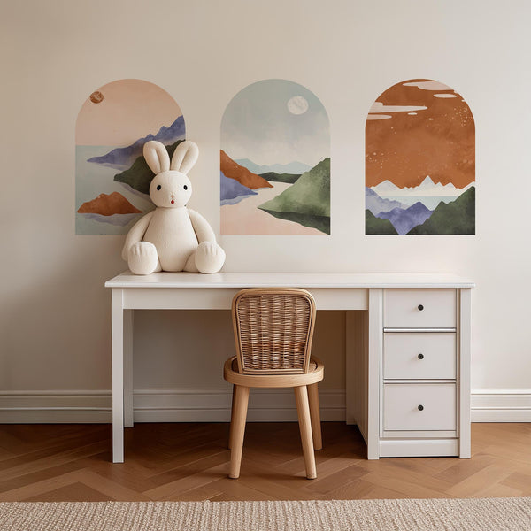 Pastel Mountain Arch Wall Decal Set – Soft Landscape & Sunset Horizon Mural Trio