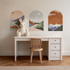 Pastel Mountain Arch Wall Decal Set – Soft Landscape & Sunset Horizon Mural Trio