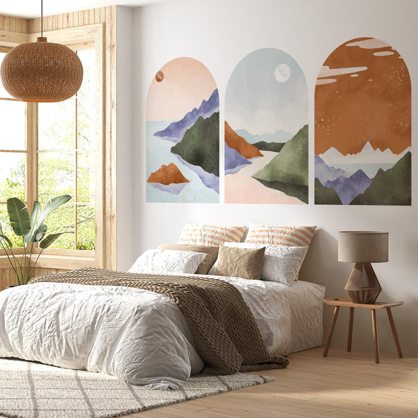 Pastel Mountain Arch Wall Decal Set – Soft Landscape & Sunset Horizon Mural Trio