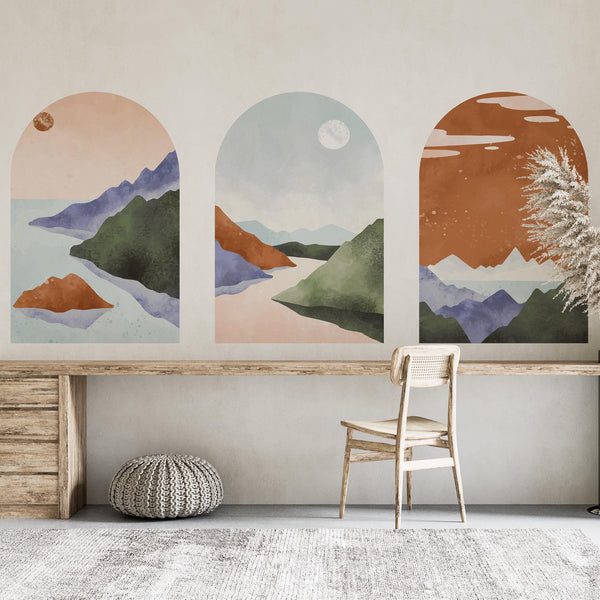 Pastel Mountain Arch Wall Decal Set – Soft Landscape & Sunset Horizon Mural Trio