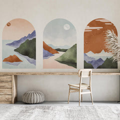 Pastel Mountain Arch Wall Decal Set – Soft Landscape & Sunset Horizon Mural Trio