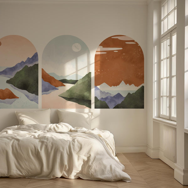 Pastel Mountain Arch Wall Decal Set – Soft Landscape & Sunset Horizon Mural Trio