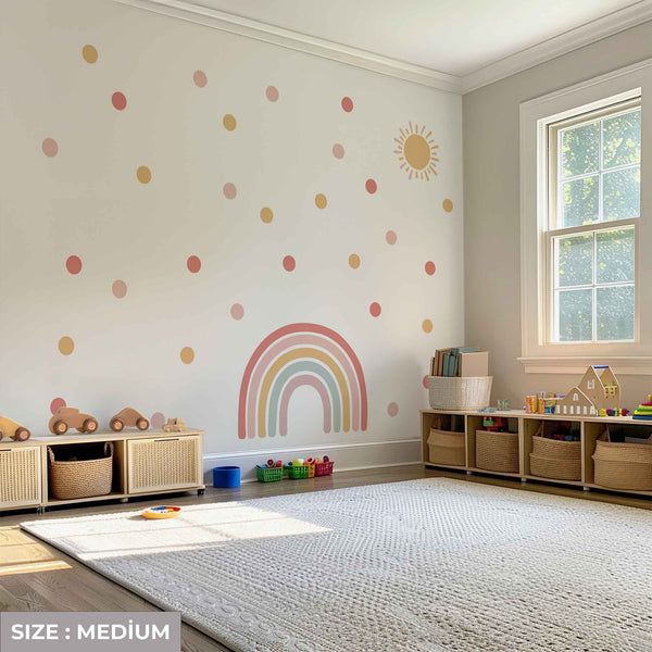 Boho Sun and Rainbow Wall Decal - Brown & Pink Nursery Wall Sticker for Kids Room Decor