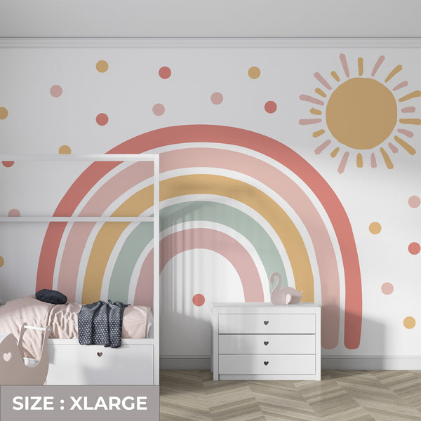 Boho Sun and Rainbow Wall Decal - Brown & Pink Nursery Wall Sticker for Kids Room Decor