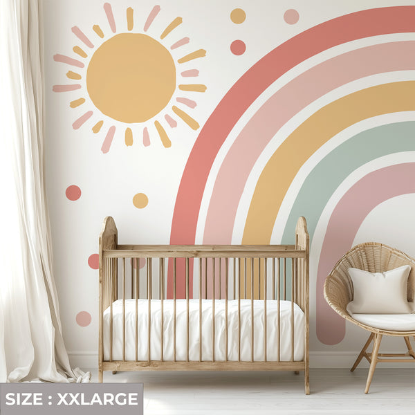 Boho Sun and Rainbow Wall Decal - Brown & Pink Nursery Wall Sticker for Kids Room Decor