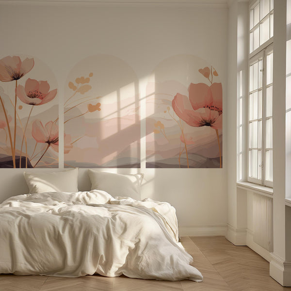 Pink Floral Arch Wall Decal Set – Soft Watercolor Flowers & Pastel Mountain Nursery Mural