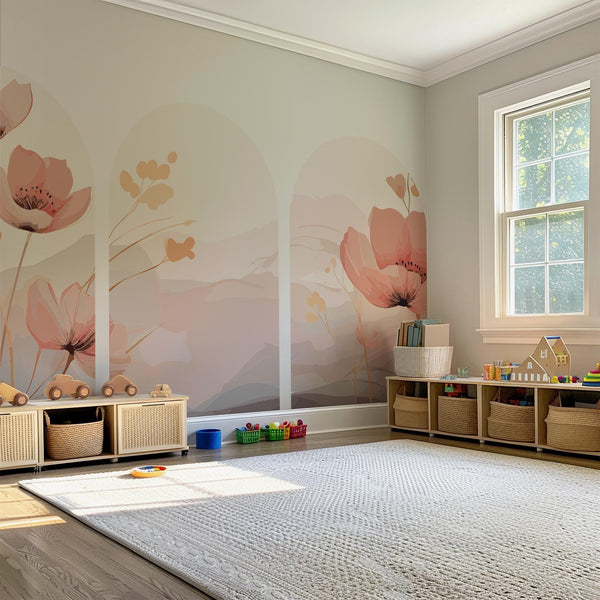 Pink Floral Arch Wall Decal Set – Soft Watercolor Flowers & Pastel Mountain Nursery Mural