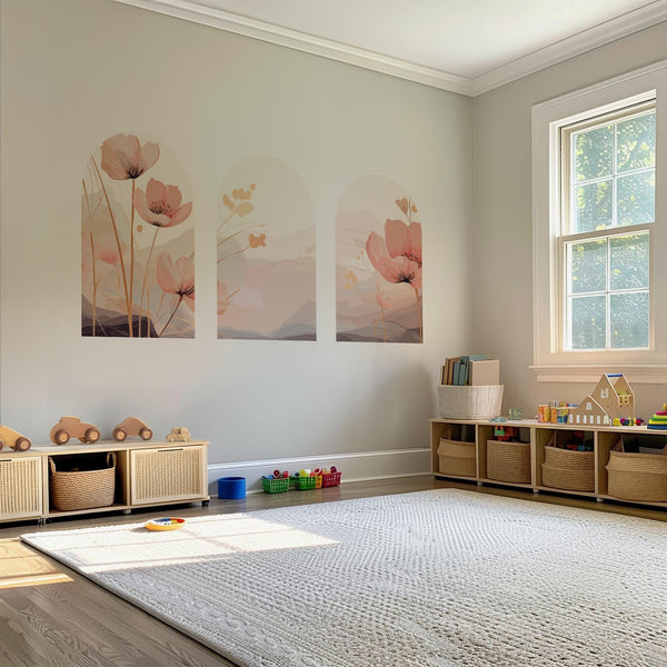 Pink Floral Arch Wall Decal Set – Soft Watercolor Flowers & Pastel Mountain Nursery Mural