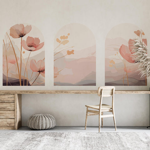 Pink Floral Arch Wall Decal Set – Soft Watercolor Flowers & Pastel Mountain Nursery Mural