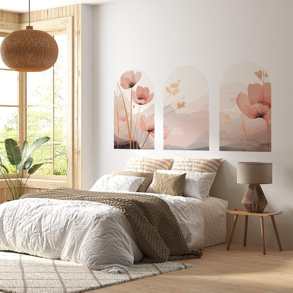 Pink Floral Arch Wall Decal Set – Soft Watercolor Flowers & Pastel Mountain Nursery Mural