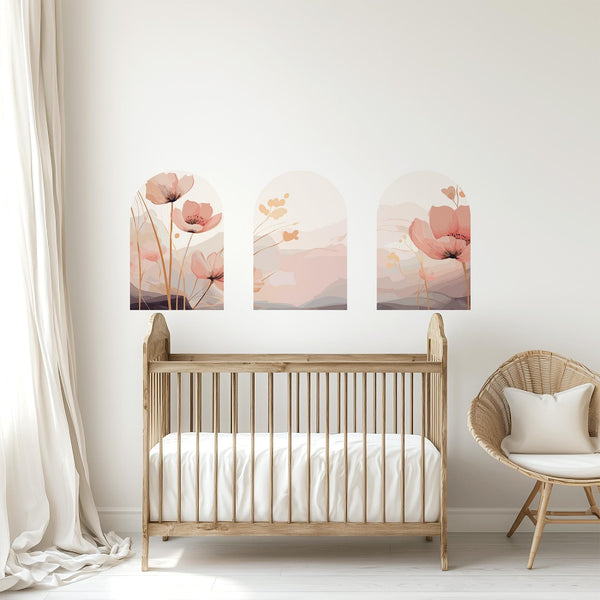 Pink Floral Arch Wall Decal Set – Soft Watercolor Flowers & Pastel Mountain Nursery Mural