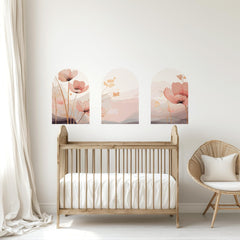 Pink Floral Arch Wall Decal Set – Soft Watercolor Flowers & Pastel Mountain Nursery Mural