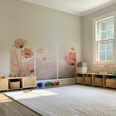Pink Floral Arch Wall Decal Set – Soft Watercolor Flowers & Pastel Mountain Nursery Mural