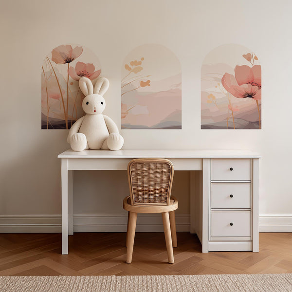 Pink Floral Arch Wall Decal Set – Soft Watercolor Flowers & Pastel Mountain Nursery Mural
