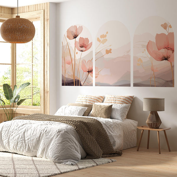 Pink Floral Arch Wall Decal Set – Soft Watercolor Flowers & Pastel Mountain Nursery Mural