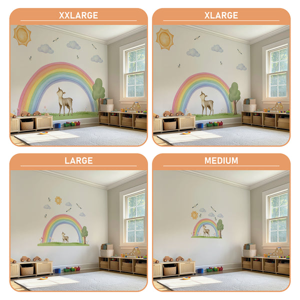 Rainbow Deer Wall Decal – Sun, Clouds & Nature | Nursery Wall Sticker
