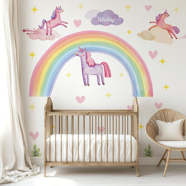 Rainbow Unicorn Wall Decal – Pastel Boho Nursery Mural for Kids Room Decor