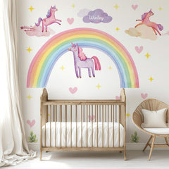 Rainbow Unicorn Wall Decal – Pastel Boho Nursery Mural for Kids Room Decor