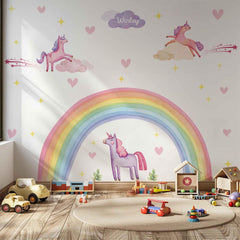 Rainbow Unicorn Wall Decal – Pastel Boho Nursery Mural for Kids Room Decor