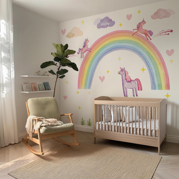 Rainbow Unicorn Wall Decal – Pastel Boho Nursery Mural for Kids Room Decor