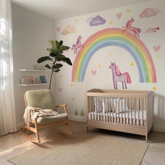 Rainbow Unicorn Wall Decal – Pastel Boho Nursery Mural for Kids Room Decor
