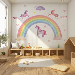 Rainbow Unicorn Wall Decal – Pastel Boho Nursery Mural for Kids Room Decor