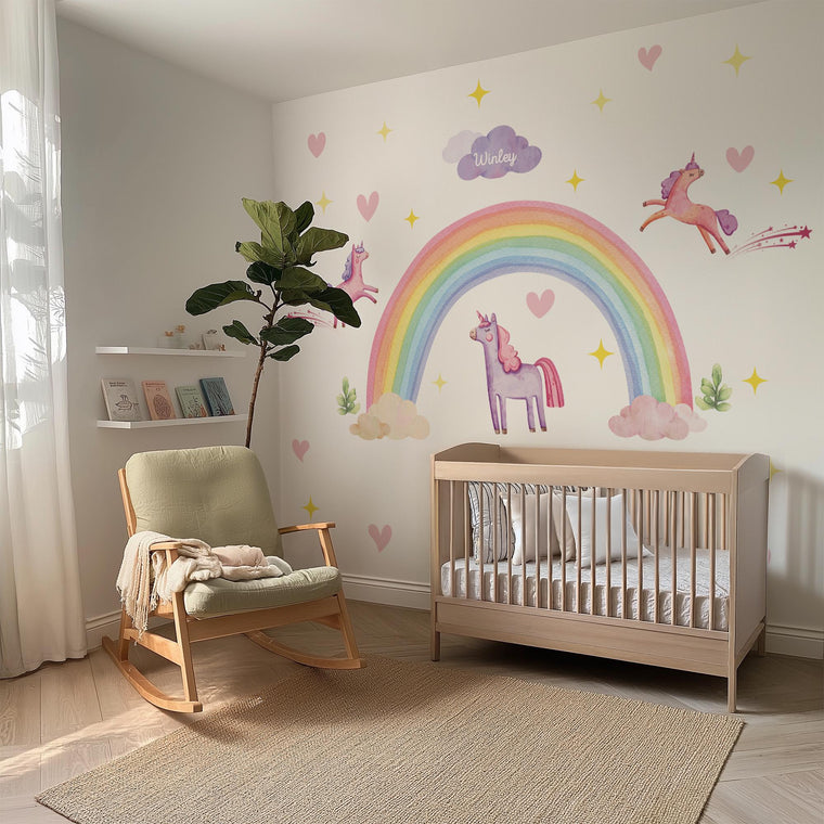 Rainbow Unicorn Wall Decal – Pastel Boho Nursery Mural for Kids Room Decor