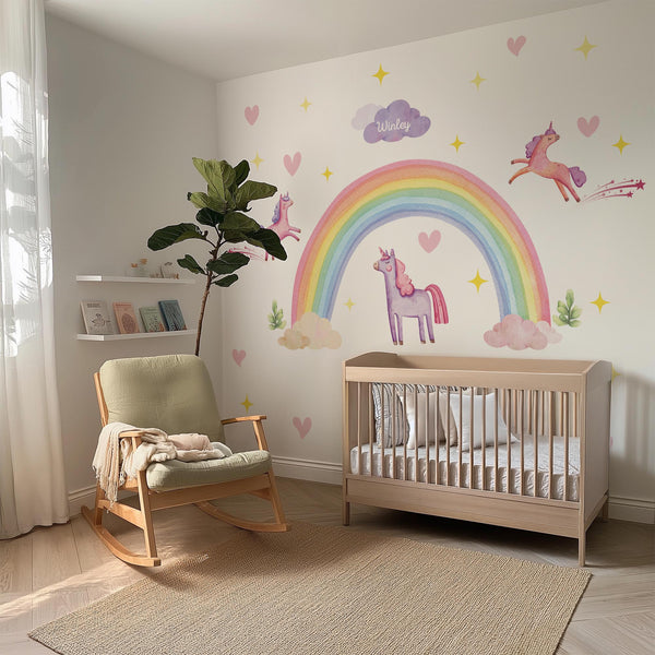 Rainbow Unicorn Wall Decal – Pastel Boho Nursery Mural for Kids Room Decor