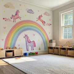 Rainbow Unicorn Wall Decal – Pastel Boho Nursery Mural for Kids Room Decor