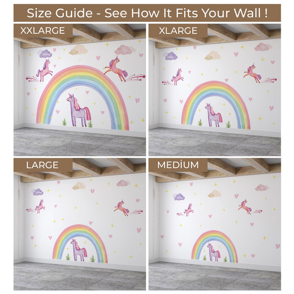 Rainbow Unicorn Wall Decal – Pastel Boho Nursery Mural for Kids Room Decor
