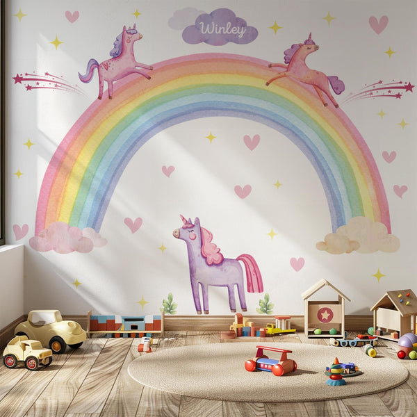 Rainbow Unicorn Wall Decal – Pastel Boho Nursery Mural for Kids Room Decor